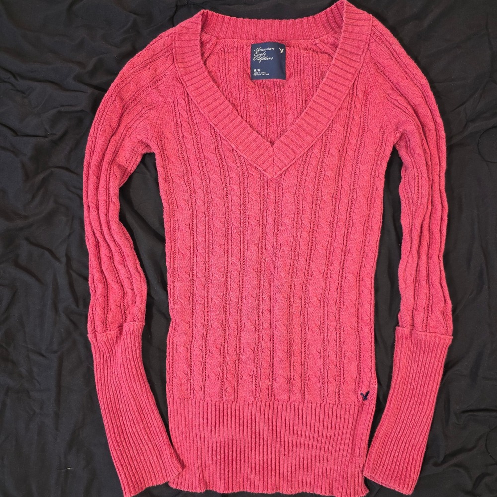 American Eagle Sweater Womens M Pink Excellent Vintage Cable Knit V-Neck 09/10